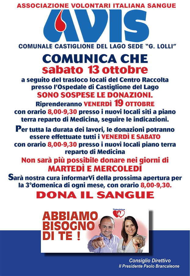 sospensioni donazioni 13 ottobre 2018