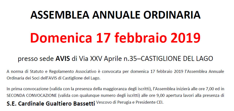 Avis Castiglione del Lago Assemblea Ordinaria 2019